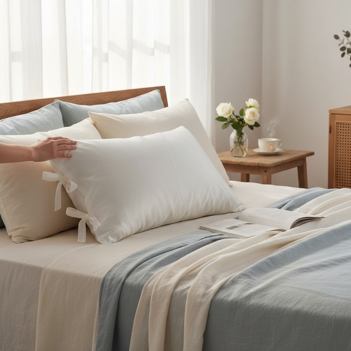 Vỏ gối lụa satanh 50x70 trắng thắt nơ